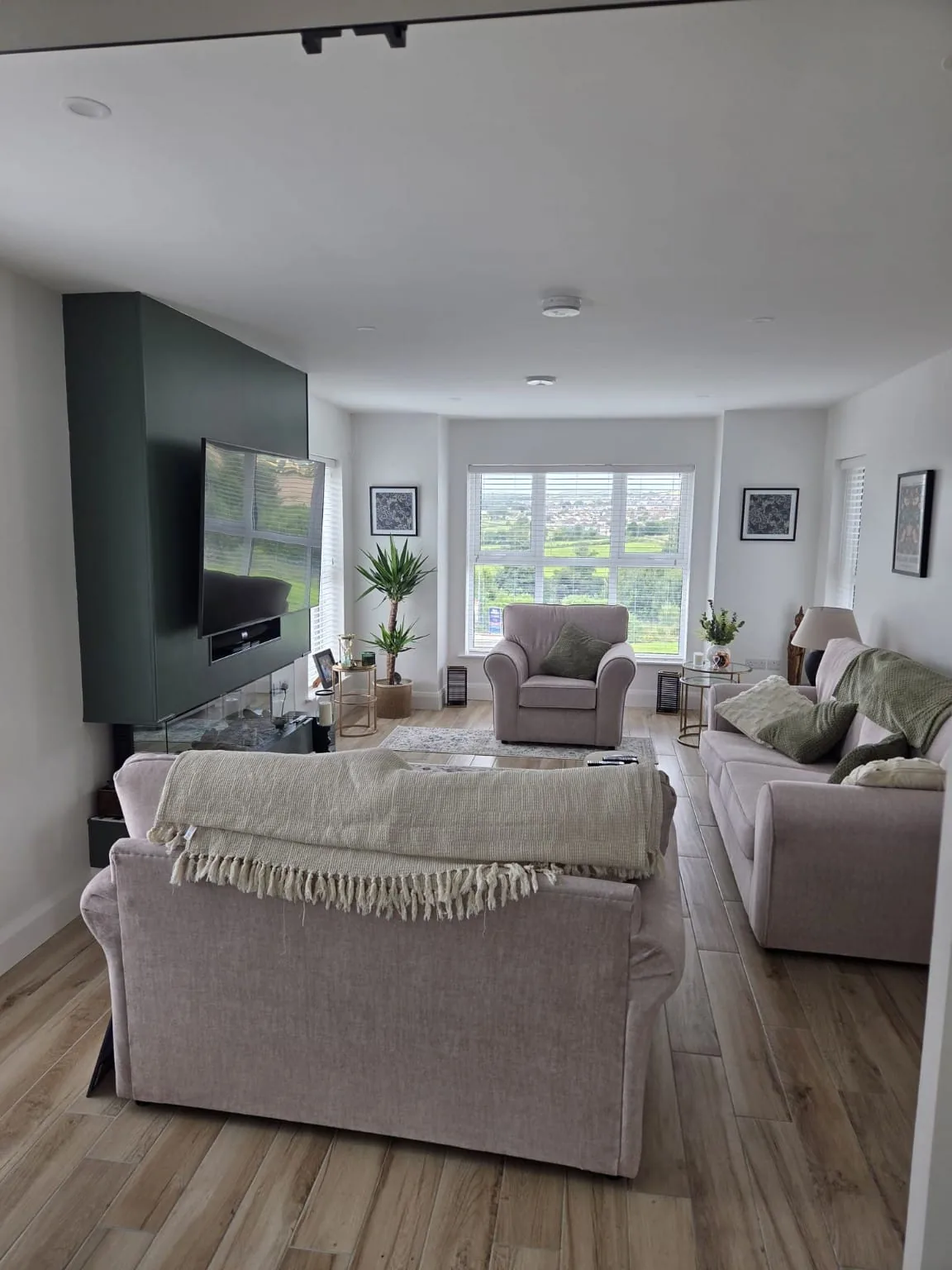 Living room with a dark feature wall, wood-effect floor and a bay of windows