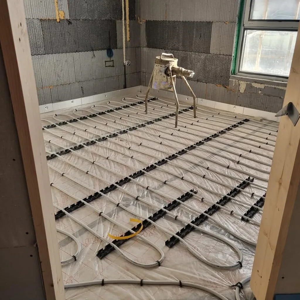 Real site photo: ICF walls, a taped window and underfloor heating pipes before the screed